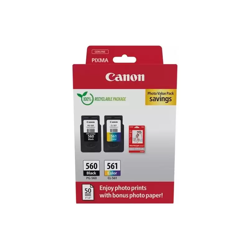 (3713C008) CANON TINTA ECOPACK BK+C/M/Y + 50H PAPEL FOTOGRÁFICO 10X15 BRILLANTE GP 501 PIXMA TS 5350/5350A/5350I/5351/5351A...