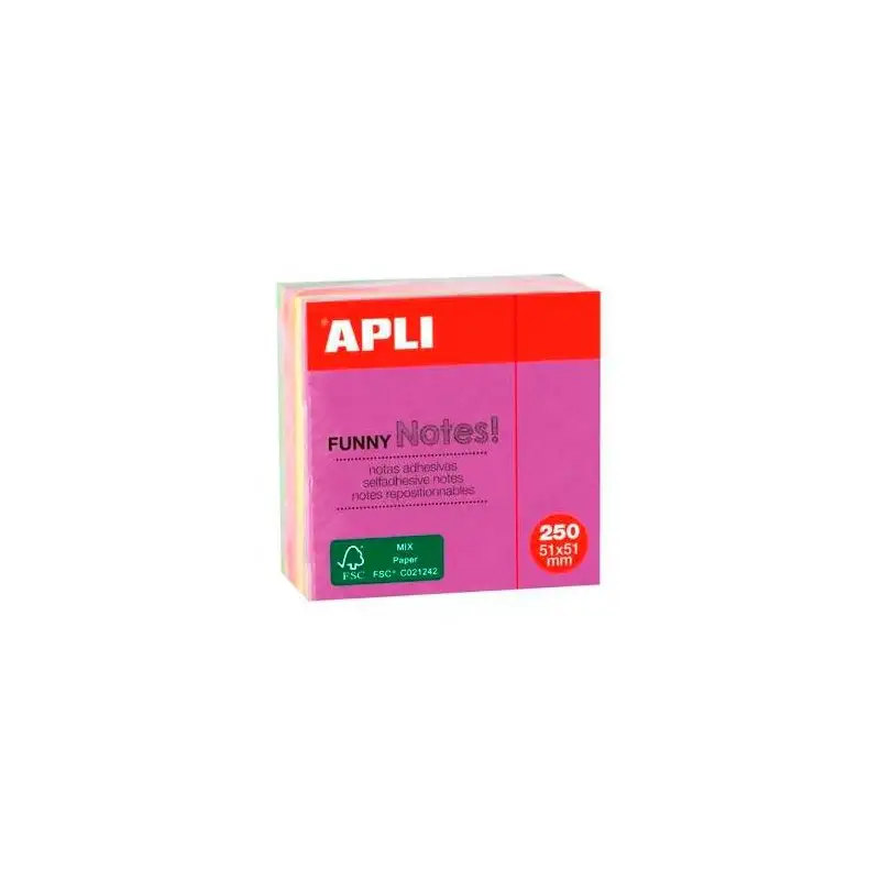 (11596) APLI CUBO DE NOTAS ADHESIVAS FUNNY 51X51MM MINI-CUBO 250H COLORES FLUORESCENTES SURTIDOS