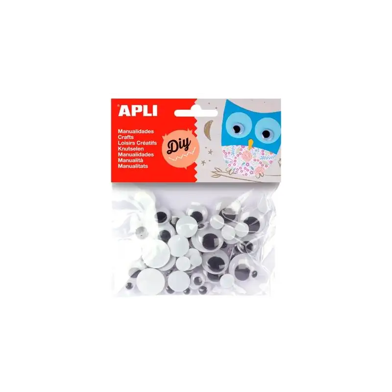 (13058) APLI OJOS MÓVILES NEGROS REDONDOS SIN ADHESIVO TAMAÑOS SURTIDOS -BOLSA 75U-