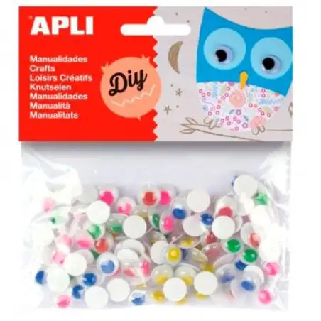 (13266) APLI OJOS MÓVILES PUPILA COLOR REDONDOS ADHESIVOS SURTIDO BOLSA -100U-