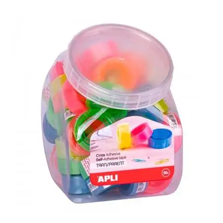 (18146) APLI CINTA ADHESIVA TRANSPARENTE ROLLO 19MM X 20M EXPOSITOR 50 UD C/SURTIDOS FLUORESCENTES