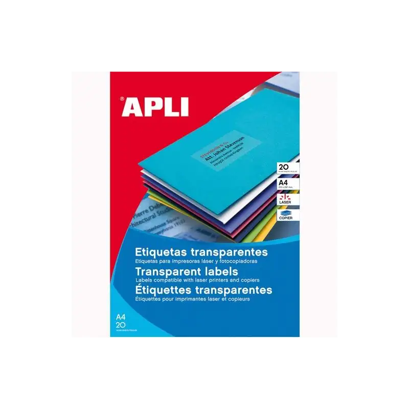 (01225) APLI ETIQUETAS ADHESIVAS 210X297MM LÁSER C/RECTOS 1 X 20H POLIÉSTER TRANSPARENTE