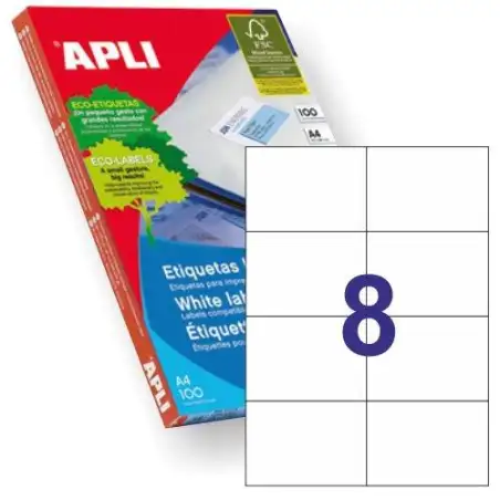(01279) APLI ETIQUETAS ADHESIVAS 105X74MM INKJET/LÁSER C/RECTOS 8 X 100H BLANCO