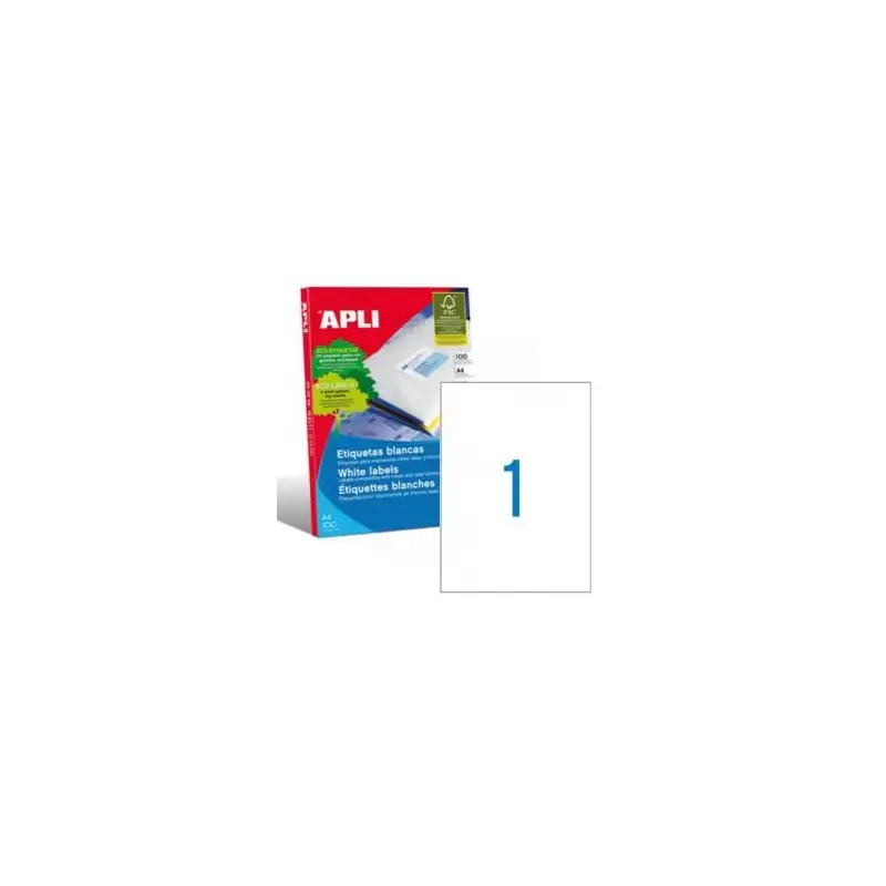(01281) APLI ETIQUETAS ADHESIVAS 210X297MM INKJET/LÁSER C/RECTOS 1 X 100H BLANCO