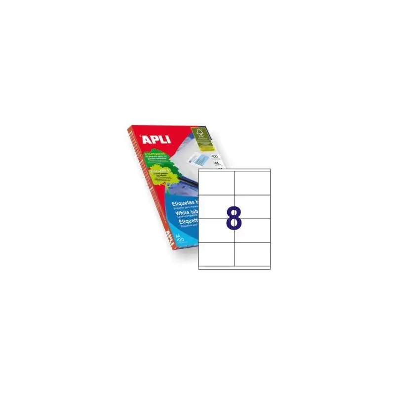 (01292) APLI ETIQUETAS ADHESIVAS 105X70MM INKJET/LÁSER C/RECTOS 8 X 100H BLANCO