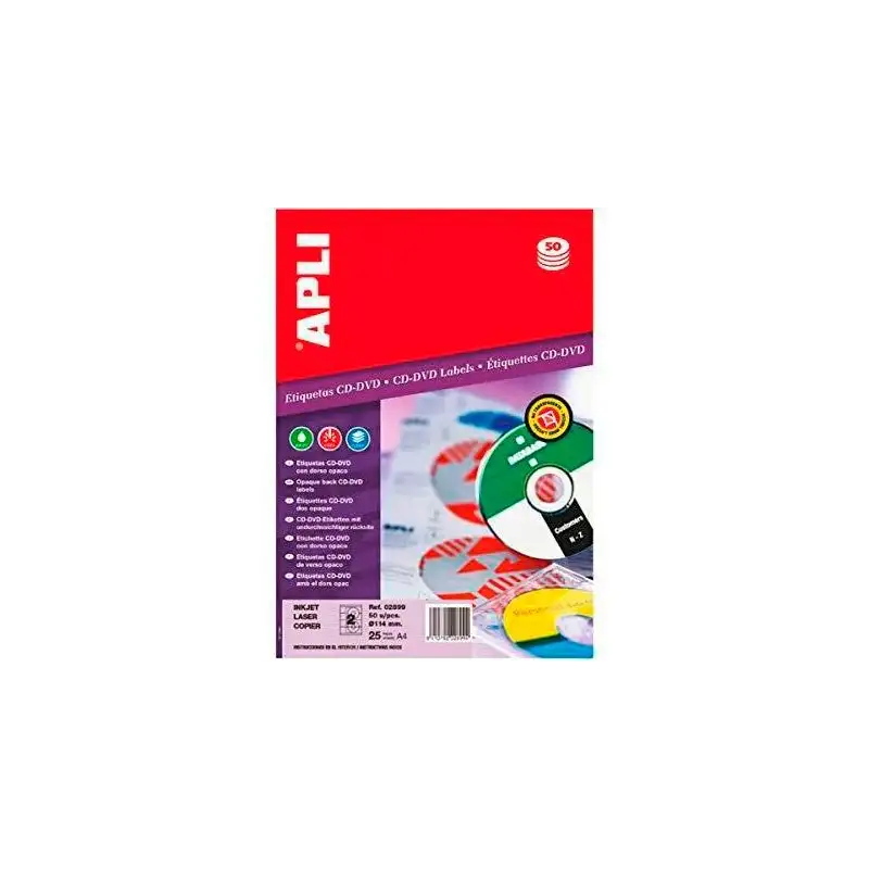(02899) APLI ETIQUETAS ADHESIVAS PARA CD-DVD TAMAÑO CLÁSICO INKJET/LÁSER 2 X 25H DORSO OPACO