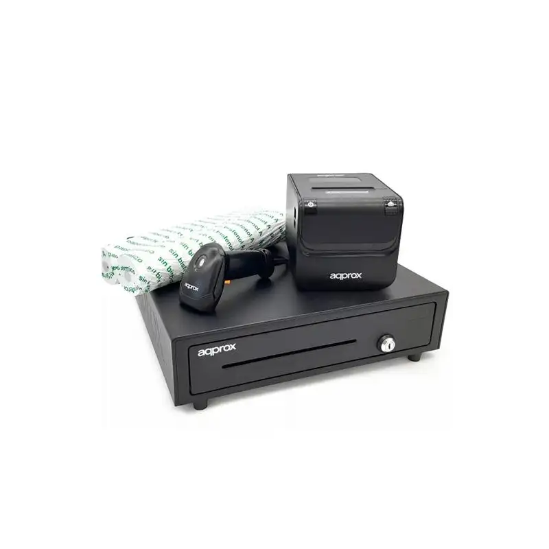 (APPPOSPACK4180) AQPROX KIT TPV CAJON PORTAMONEDAS NEGRO + LECTOR/SCANNER + IMPRESORA TERMICA + PACK ROLLOS PAPEL BAJO PEDIDO