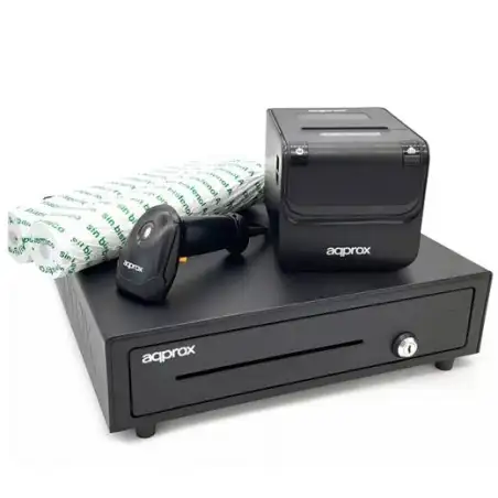 (APPPOSPACK4180) AQPROX KIT TPV CAJON PORTAMONEDAS NEGRO + LECTOR/SCANNER + IMPRESORA TERMICA + PACK ROLLOS PAPEL BAJO PEDIDO
