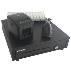 (APPPOSPACK4180USB-2D) AQPROX KIT TPV CAJON PORTAMONEDAS NEGRO + LECTOR/SCANNER + IMPRESORA TERMICA + PACK ROLLOS PAPEL BAJO ...