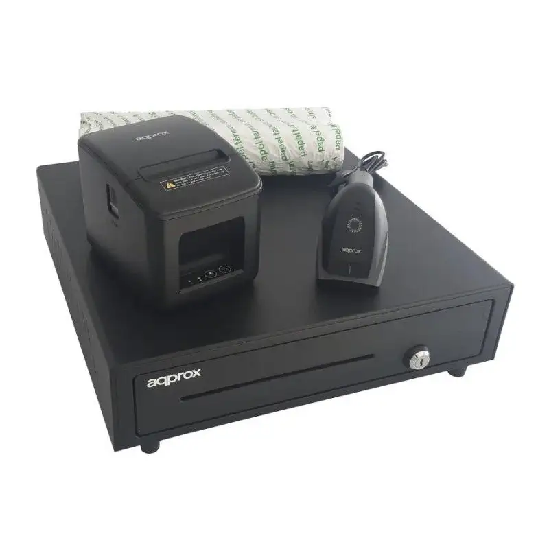 (APPPOSPACK4180USB-2D) AQPROX KIT TPV CAJON PORTAMONEDAS NEGRO + LECTOR/SCANNER + IMPRESORA TERMICA + PACK ROLLOS PAPEL BAJO ...