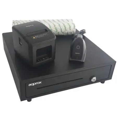 (APPPOSPACK4180USB-2D) AQPROX KIT TPV CAJON PORTAMONEDAS NEGRO + LECTOR/SCANNER + IMPRESORA TERMICA + PACK ROLLOS PAPEL BAJO ...