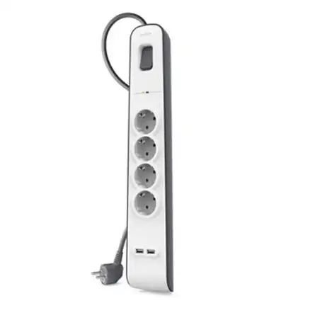 (BSV401VF2M-V2) BELKIN REGLETA DE PROTECCION CONTRA SOBRETENSIONES CON 4 TOMAS + 2 PUERTOS USB BOTÓN DE APAGADO Y ENCENDIDO 2...