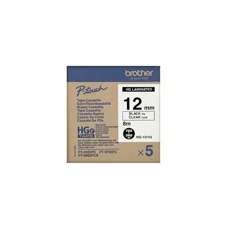 (HGe631V5) BROTHER CINTA HGE ALTA CALIDAD TEXTO NEGRO SOBRE AMARILLO 12MMX8M (CAJA 5 UDS)