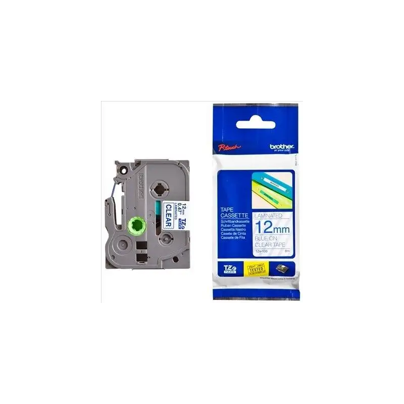 (TZE133) BROTHER CINTA ROTULADORA LAMINADA TEXTO AZUL SOBRE TRANSPARENTE - 12MMX8M
