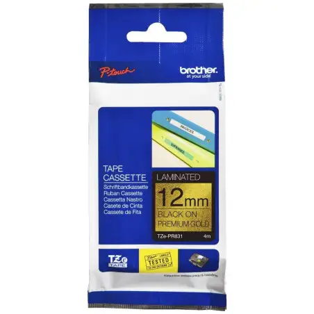 (TZEPR831) BROTHER CINTA ROTULADORA LAMINADA PREMIUM TEXTO NEGRO SOBRE DORADO - 12MMX8M
