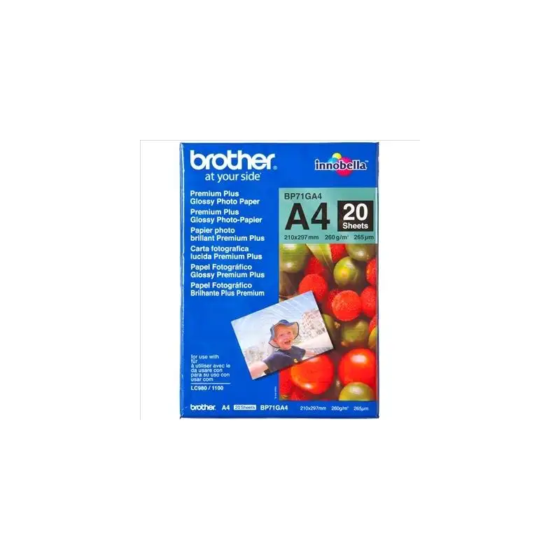 (BP71GA4) BROTHER PAPEL FOTOGRÁFICO GLOSSY PREMIUM A4 260GR INKJET PAQUETE 20H BLANCO BRILLO