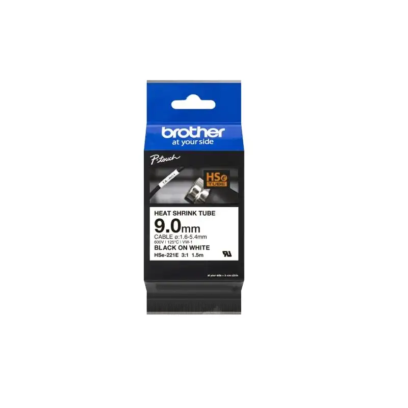 (HSE221E) BROTHER CINTA TUBO TERMORRETRACTIL TEXTO NEGRO SOBRE BLANCO DE 9MMX1