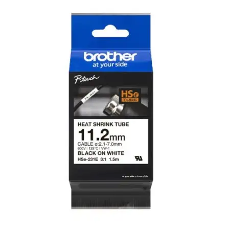 (HSE231E) BROTHER CINTA TUBO TERMORRETRACTIL TEXTO NEGRO SOBRE BLANCO DE 11