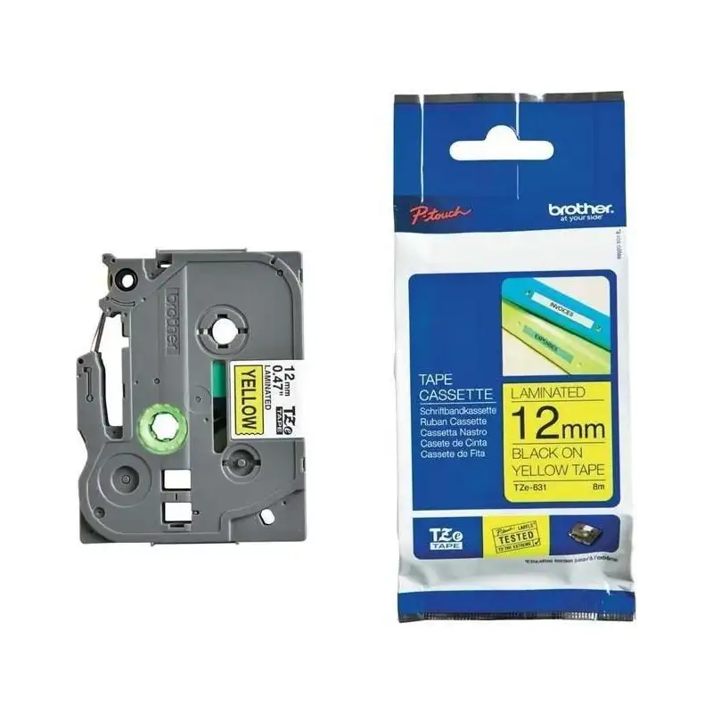 (TZE631) BROTHER CINTA ROTULADORA LAMINADA TEXTO NEGRO SOBRE AMARILLO - 12MMX8M