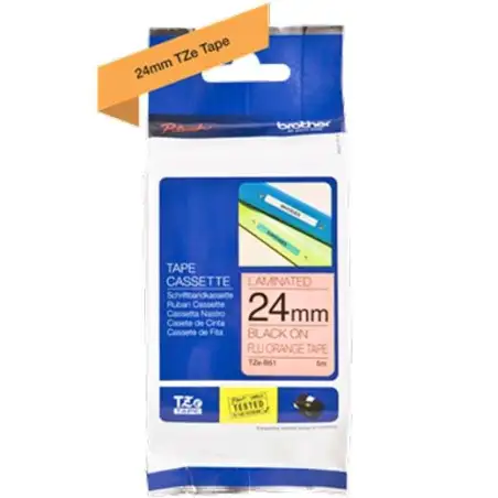 (TZEB51) BROTHER CINTA ROTULADORA LAMINADA TEXTO NEGRO SOBRE NARANJA FLUOR - 24MMX5M