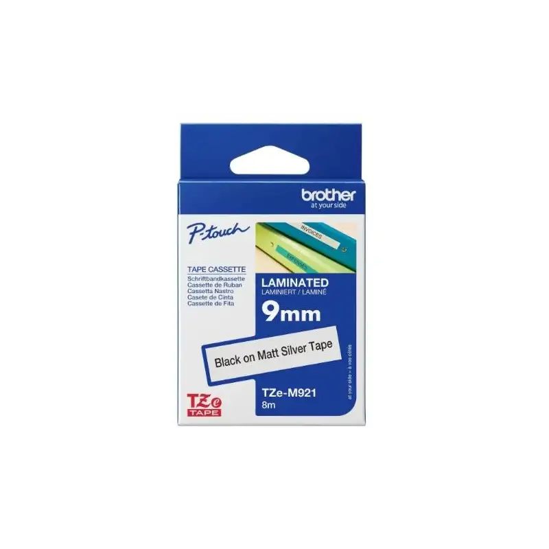 (TZEM921) BROTHER CINTA ROTULADORA LAMINADA METALICA TEXTO NEGRO SOBRE PLATA MATE - 9MMX8M