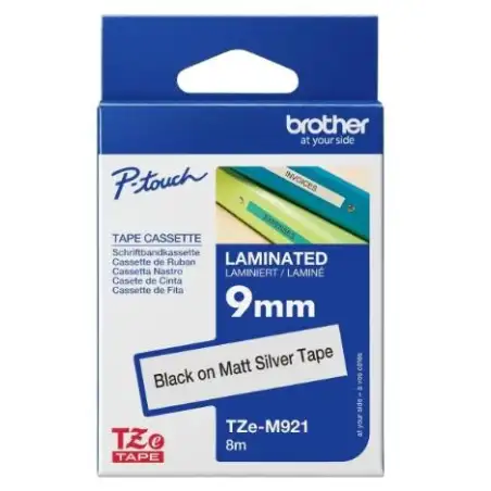 (TZEM921) BROTHER CINTA ROTULADORA LAMINADA METALICA TEXTO NEGRO SOBRE PLATA MATE - 9MMX8M
