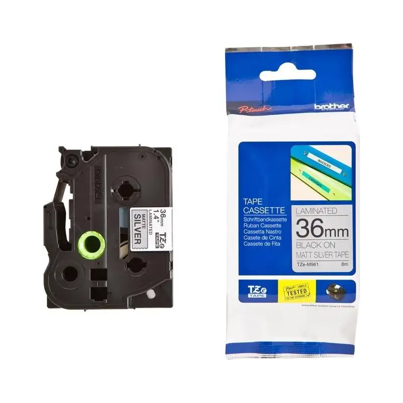 (TZEM961) BROTHER CINTA ROTULADORA LAMINADA TEXTO NEGRO SOBRE PLATA MATE - 36MMX8M