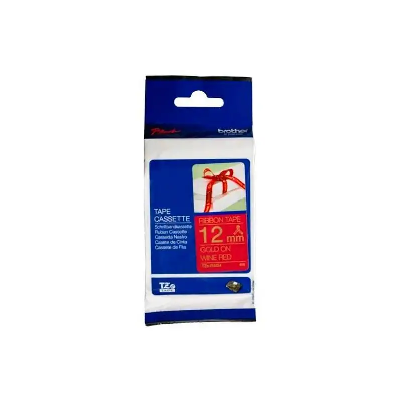 (TZERW34) BROTHER CINTA ROTULADORA TELA SATINADA NO ADHESIVA TEXTO DORADO SOBRE TEJIDO ROJO - 12MMX4M