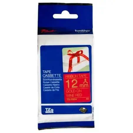 (TZERW34) BROTHER CINTA ROTULADORA TELA SATINADA NO ADHESIVA TEXTO DORADO SOBRE TEJIDO ROJO - 12MMX4M