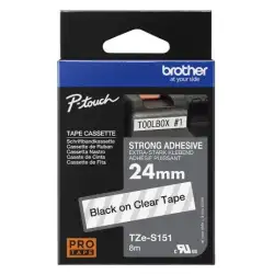 (TZES151) BROTHER CINTA ROTULADORA LAMINADA SUPER ADHESIVA TEXTO NEGRO SOBRE TRANSPARENTE - 24MMX8M