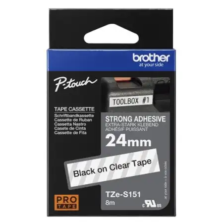 (TZES151) BROTHER CINTA ROTULADORA LAMINADA SUPER ADHESIVA TEXTO NEGRO SOBRE TRANSPARENTE - 24MMX8M
