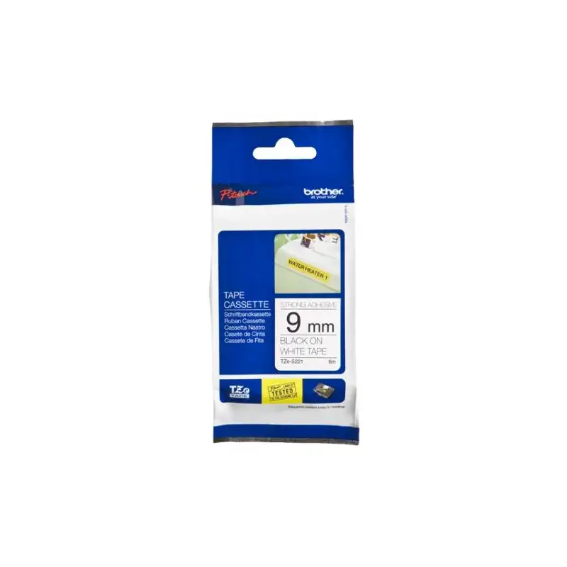 (TZES221) BROTHER CINTA ROTULADORA LAMINADA SUPER ADHESIVA TEXTO NEGRO SOBRE BLANCO - 9MMX8M