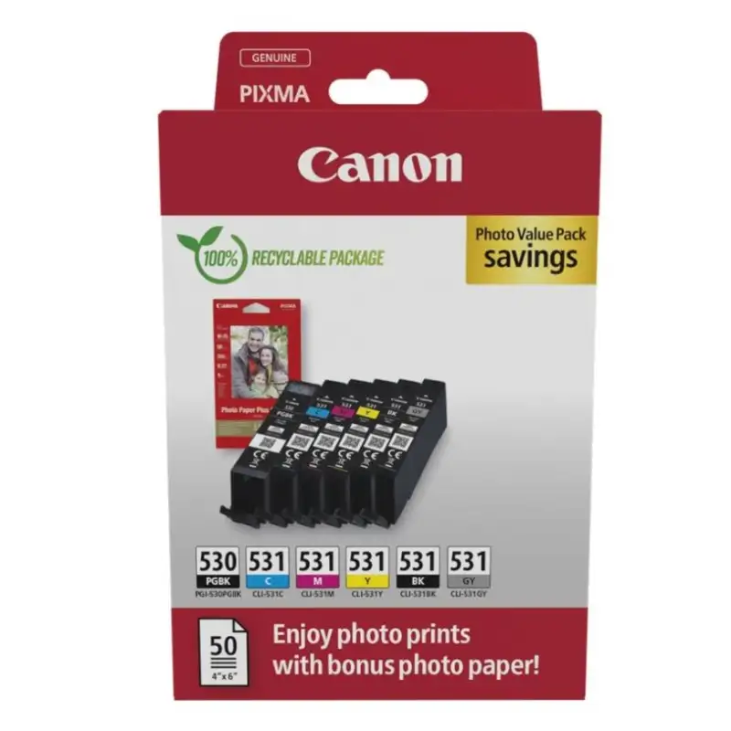 (6117C004) CANON TINTA ECOPACK BK/PGBK/C/M/Y/GY + 50H PAPEL FOTOGRAFICO 10X15 - PGI 530+CLI 531 (PACK 6 COLORES)