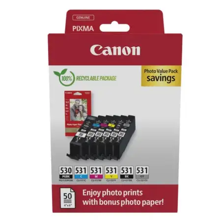 (6117C004) CANON TINTA ECOPACK BK/PGBK/C/M/Y/GY + 50H PAPEL FOTOGRAFICO 10X15 - PGI 530+CLI 531 (PACK 6 COLORES)