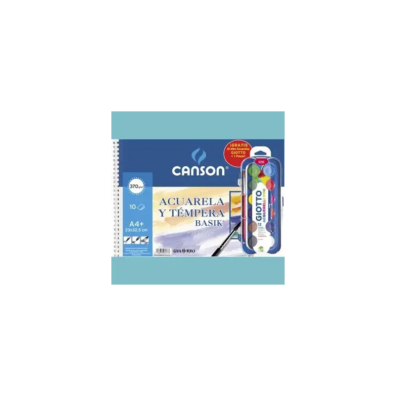 (C32500K012) CANSON BLOC ACUARELA Y TÉMPERA BASIK ESPIRAL 10 HOJAS + 12 ACUERLAS MINI + PINCEL GRATIS 370GR 23X32