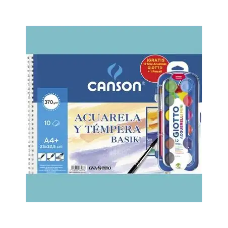 (C32500K012) CANSON BLOC ACUARELA Y TÉMPERA BASIK ESPIRAL 10 HOJAS + 12 ACUERLAS MINI + PINCEL GRATIS 370GR 23X32