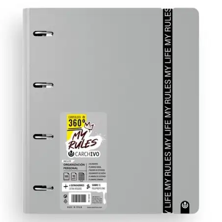 (12477475) CARCHIVO CARPEBLOCK 360 MY RULES CON RECAMBIO 100H A4 5X5 90GR 4 SEPARADORES PP FOAM GRIS
