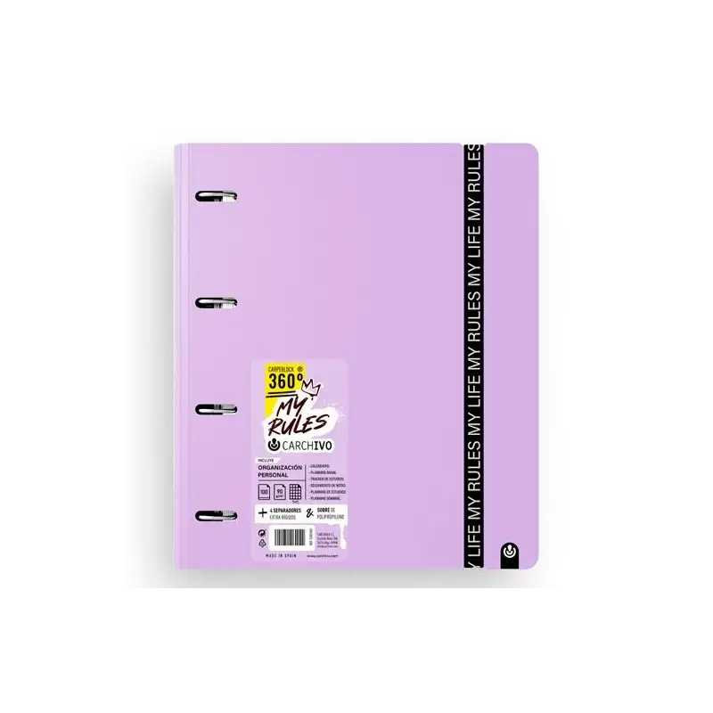 (12477477) CARCHIVO CARPEBLOCK 360 MY RULES CON RECAMBIO 100H A4 5X5 90GR 4 SEPARADORES PP FOAM MALVA