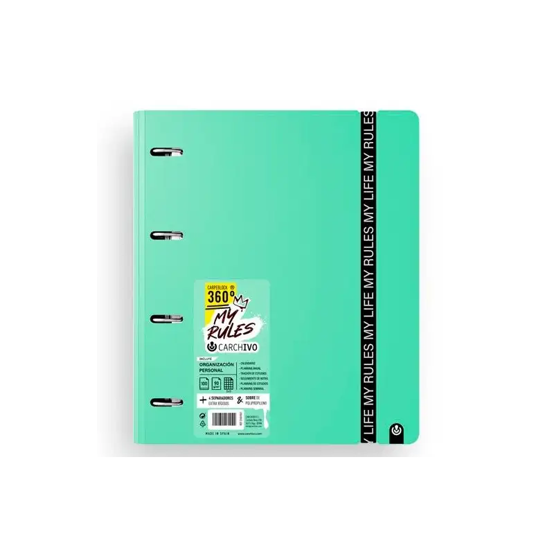 (12477478) CARCHIVO CARPEBLOCK 360 MY RULES CON RECAMBIO 100H A4 5X5 90GR 4 SEPARADORES PP FOAM JADE