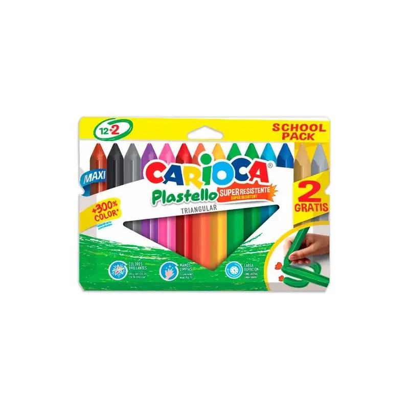 (42669) CARIOCA CERAS PLASTELLO SUPER RESISTENTES TRIANGULAR MAXI COLORES SURTIDOS ESTUCHE 12+2 UD