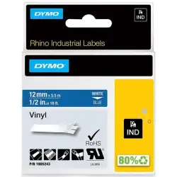 (1805243) DYMO CINTA DE ETIQUETAS INDUSTRIAL ADHESIVA ID1-12 - BLANCO SOBRE AZUL - 12MMX5´5M - VINILO - ROTULADORA RHINO