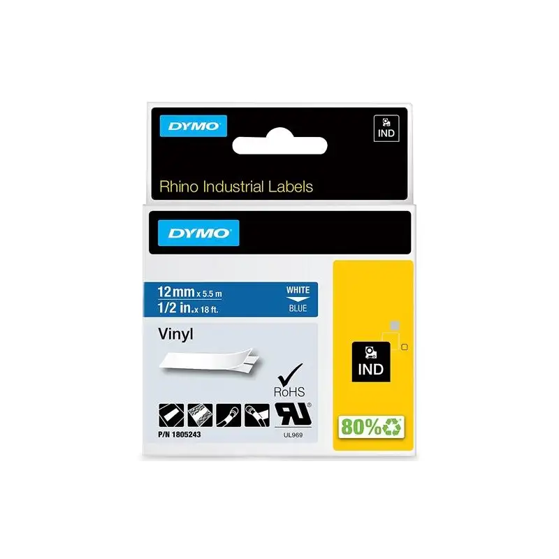(1805243) DYMO CINTA DE ETIQUETAS INDUSTRIAL ADHESIVA ID1-12 - BLANCO SOBRE AZUL - 12MMX5´5M - VINILO - ROTULADORA RHINO