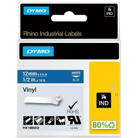 (1805243) DYMO CINTA DE ETIQUETAS INDUSTRIAL ADHESIVA ID1-12 - BLANCO SOBRE AZUL - 12MMX5´5M - VINILO - ROTULADORA RHINO