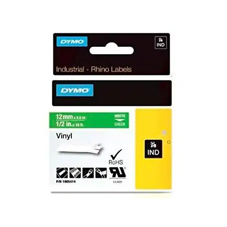 (1805414) DYMO CINTA DE ETIQUETAS INDUSTRIAL ADHESIVA ID1-12 - BLANCO SOBRE VERDE - 12MMX5´5M - VINILO - ROTULADORA RHINO
