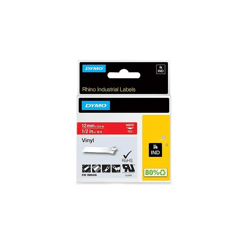 (1805416) DYMO CINTA DE ETIQUETAS INDUSTRIAL ADHESIVA ID1-12 - BLANCO SOBRE ROJO - 12MMX5´5M - VINILO - ROTULADORA RHINO