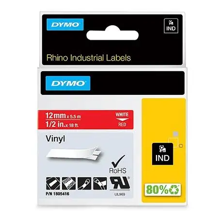(1805416) DYMO CINTA DE ETIQUETAS INDUSTRIAL ADHESIVA ID1-12 - BLANCO SOBRE ROJO - 12MMX5´5M - VINILO - ROTULADORA RHINO