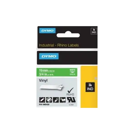 (1805420) DYMO CINTA DE ETIQUETAS INDUSTRIAL ADHESIVA ID1-19 - BLANCO SOBRE VERDE - 19MMX5´5M - VINILO - ROTULADORA RHINO