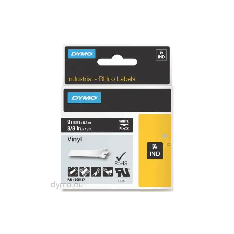 (1805437) DYMO CINTA DE ETIQUETAS INDUSTRIAL ID1-9 - BLANCO SOBRE NEGRO - 9MMX5´5M - VINILO - ROTULADORA RHINO