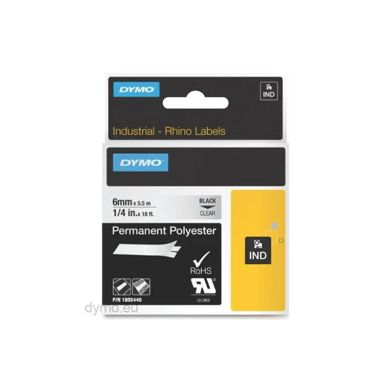 (1805440) DYMO CINTA DE ETIQUETAS INDUSTRIAL ID1-6 - NEGRO SOBRE TRANSPARENTE - 6MMX5´5M - POLIÉSTER - ROTULADORA RHINO