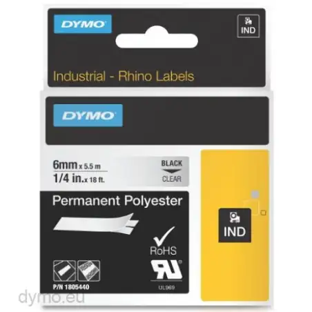 (1805440) DYMO CINTA DE ETIQUETAS INDUSTRIAL ID1-6 - NEGRO SOBRE TRANSPARENTE - 6MMX5´5M - POLIÉSTER - ROTULADORA RHINO
